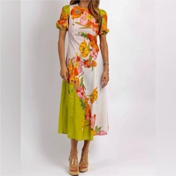 Floral Short Sleeve Tropical Silas Colorblock Puff Crew Neck Midi Dress XL - Picture 1 of 14